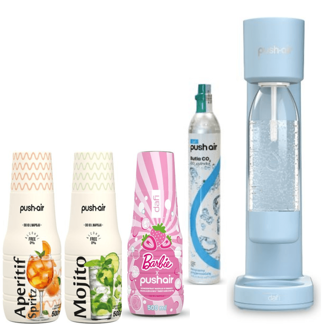 PUSHAIR Dafi saturateur d'eau azur + cartouche de CO2 + bouteille 0.7L + 3 sirops Dafi