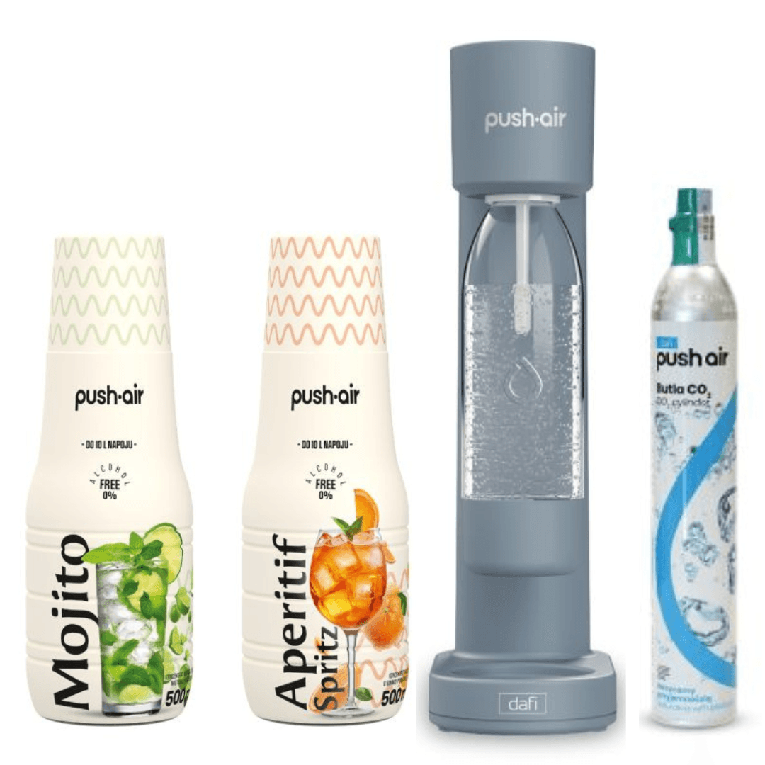 PUSHAIR Dafi saturateur d’eau acier + cartouche CO + bouteille 0,7 L + 2 sirops