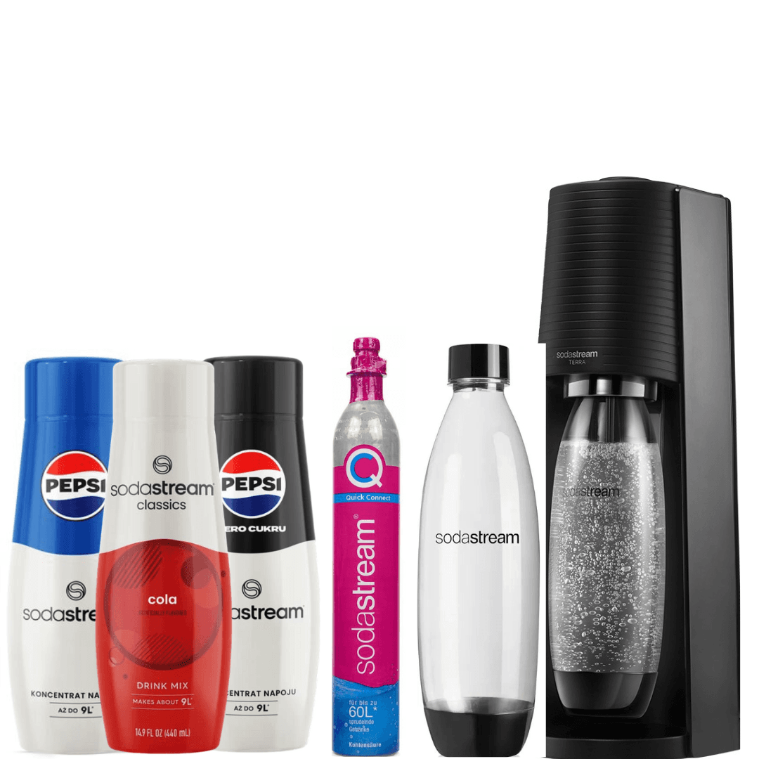 SodaStream Set Saturateur Terra Noir + 2 Bouteilles Fuse 1L + 3 X Sirops