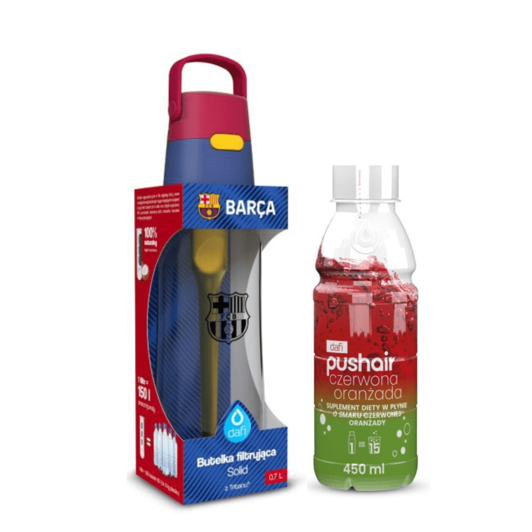 Bouteille filtrante Dafi Solid 0,7 FC Barcelona + sirop Orangeade rouge