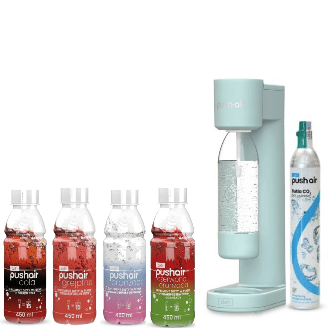 Saturateur d'eau PUSHAIR Dafi menthe + Bouteille 0,7 L + 4x Sirops
