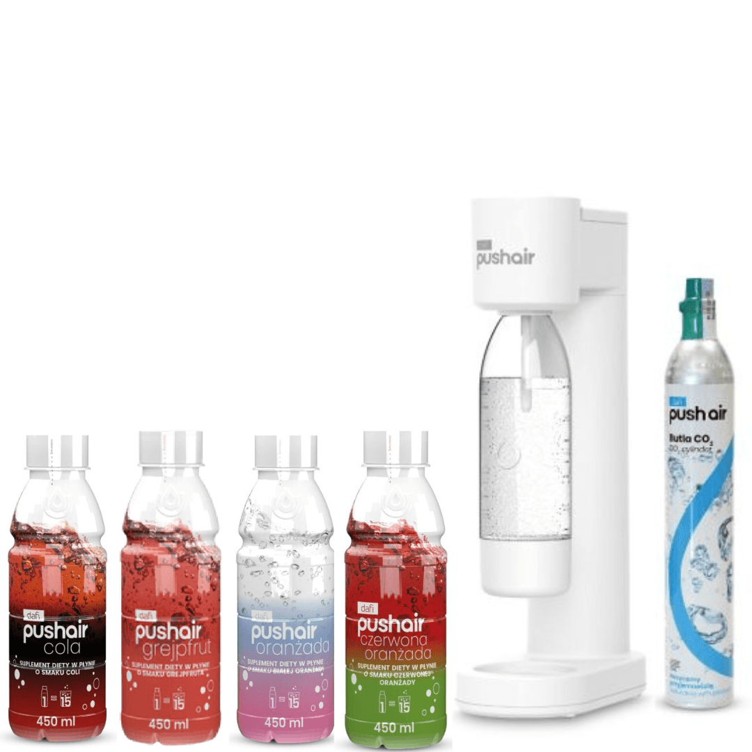 Saturateur PushAir Dafi Blanc avec Cartouche + Bouteille 0.7 L + 4 Sirops