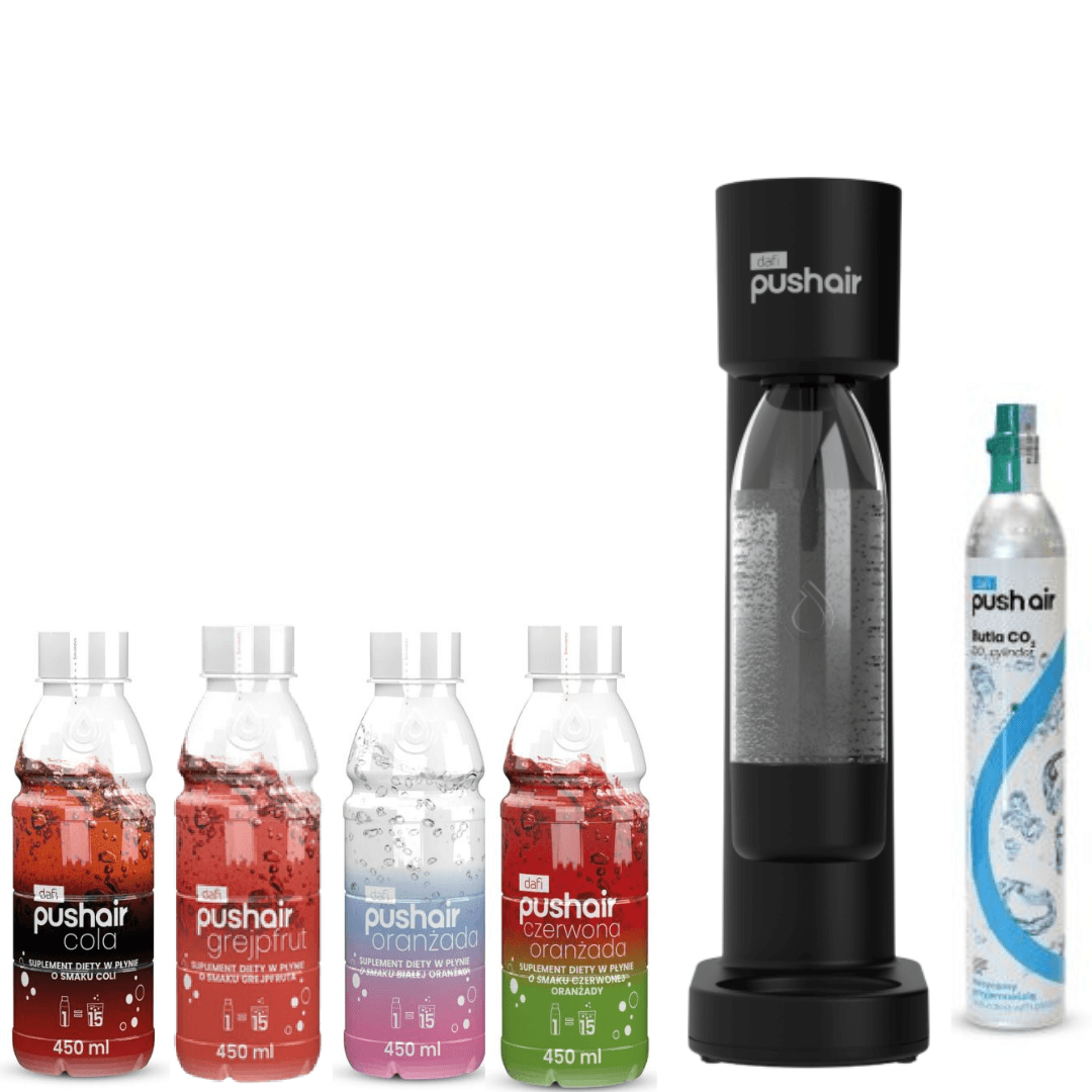 Saturateur PushAir Dafi Noir + Cartouche + Bouteille 0,7 L + 4 Sirops