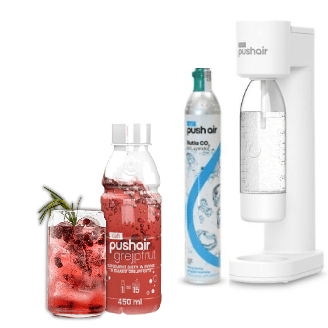 PUSHAIR Dafi saturateur d'eau BLANC + cartouche CO₂ + bouteille 0,7 L + sirop pamplemousse 450 ml