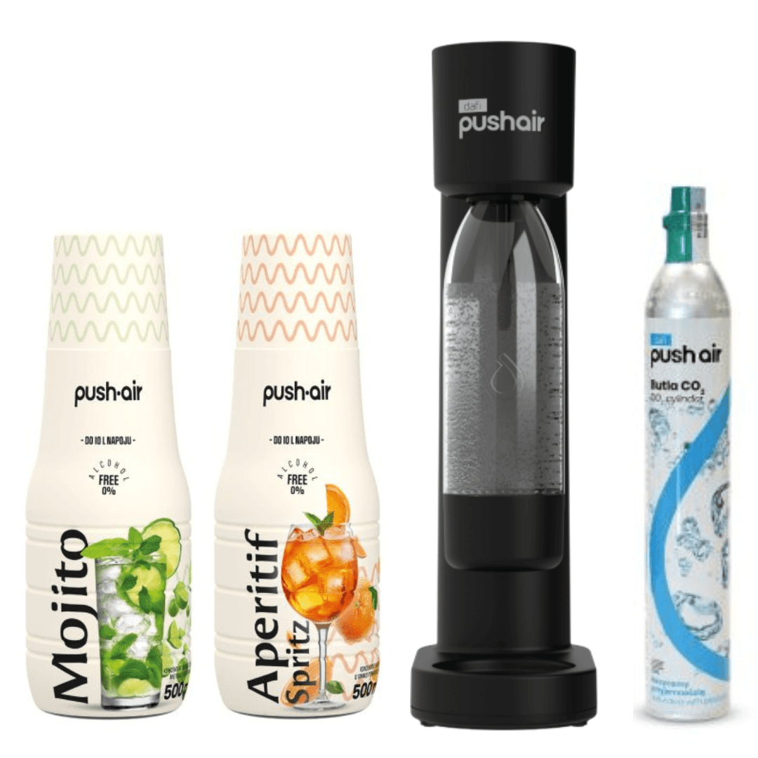 Saturateur d’eau PUSHAIR Dafi noir + Siphon + Cartouche CO₂ + Bouteille 0,7 l + 2 sirops