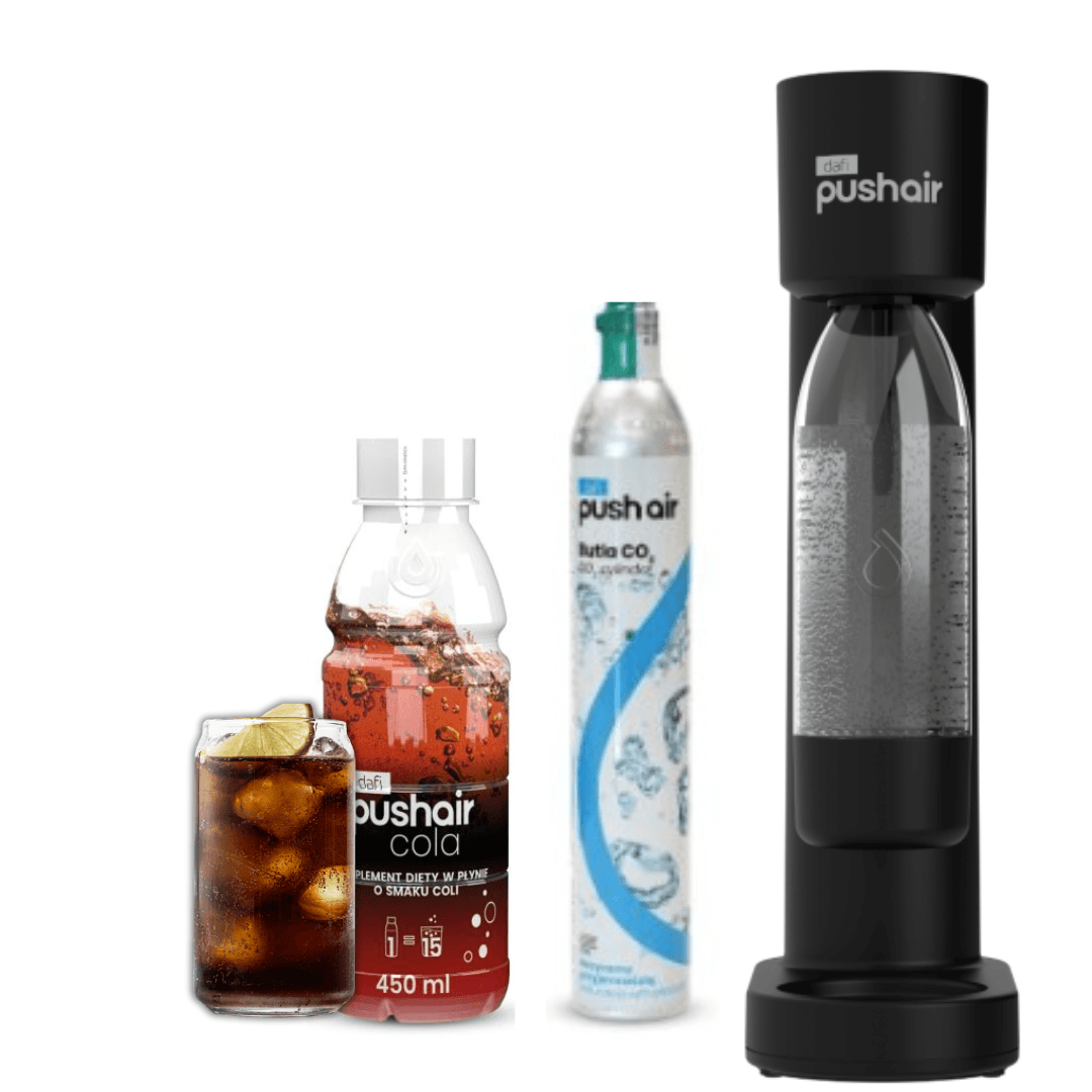 PUSHAIR Dafi Saturateur d'eau NOIR + Cartouche de CO2 + Bouteille 0,7 L + Sirop Cola 450 ml
