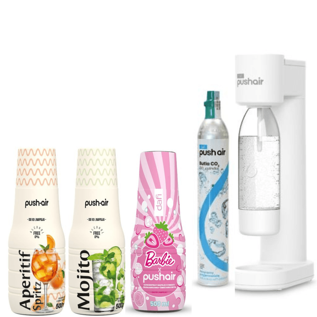 Saturateur d'eau PUSHAIR de DAFI siphon blanc + cartouche CO2 + bouteille de 0,7 l + 3 sirops Dafi