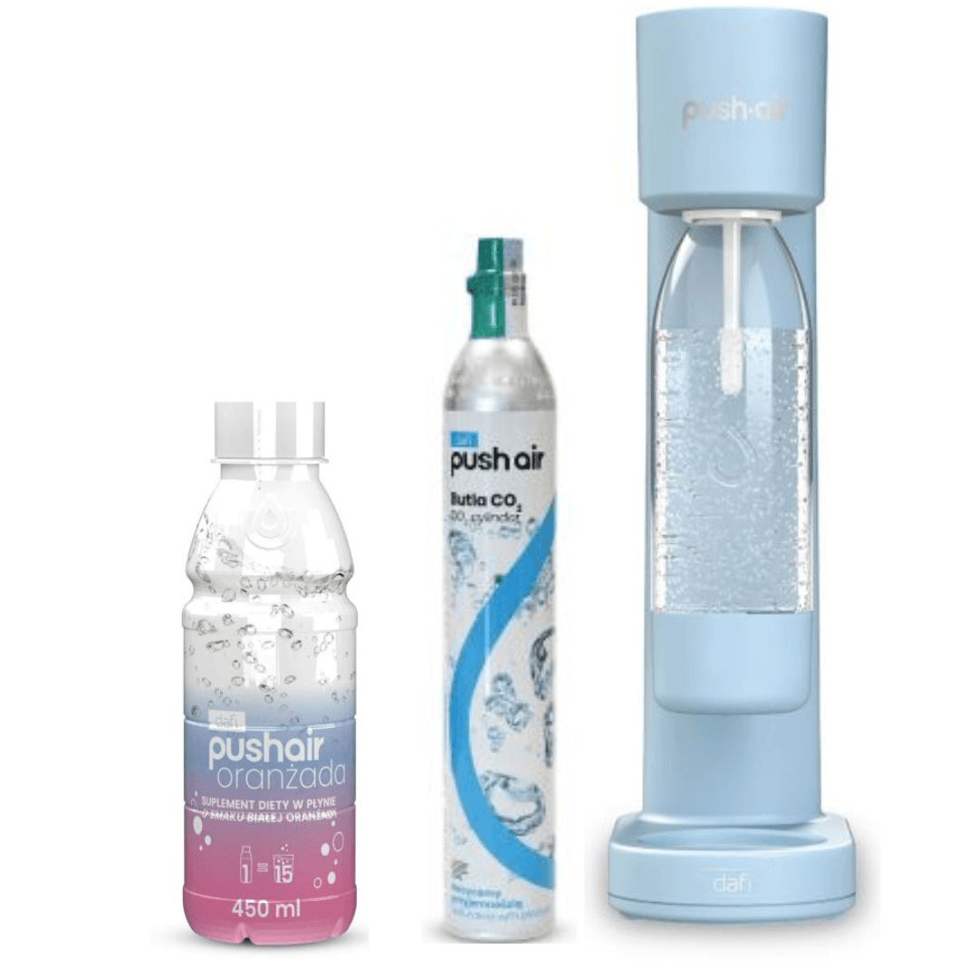 PUSHAIR Dafi saturateur d’eau en couleur azur + Cartouche de CO₂ + Bouteille de 0,7 l + Sirop d’orangeade blanc 450 ml