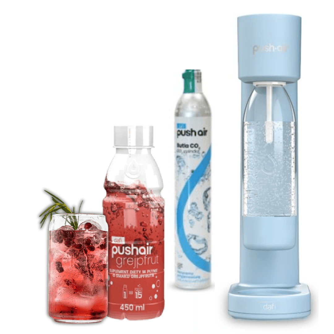 PUSHAIR Dafi saturateur d'eau AZUR + cartouche CO₂ + bouteille 0,7 l + sirop pamplemousse 450 ml