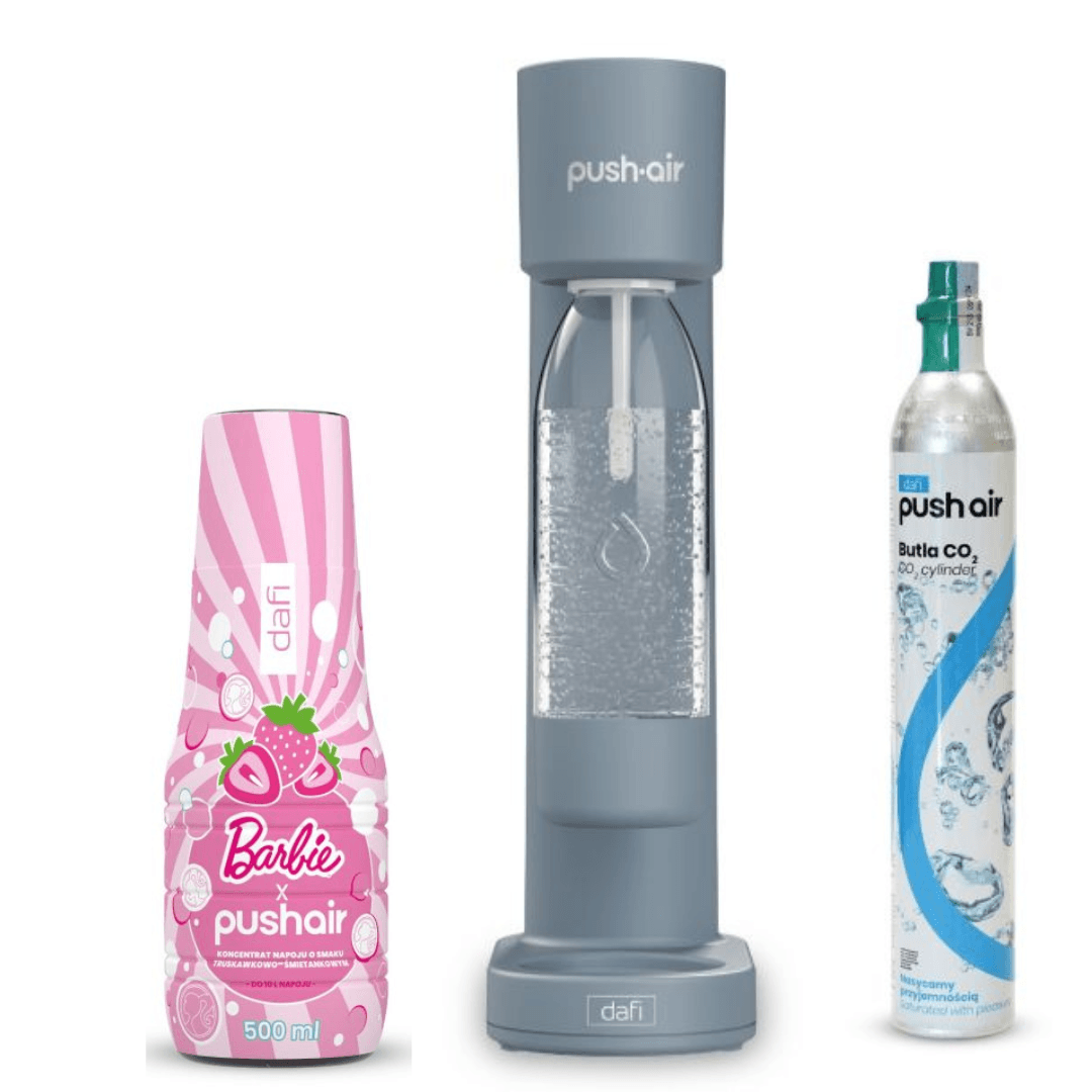Saturateur d'eau PUSHAIR Dafi acier + Cartouche CO₂ + Bouteille 0,7 l + Sirop d'eau PUSHAIR BARBIE 500 ml