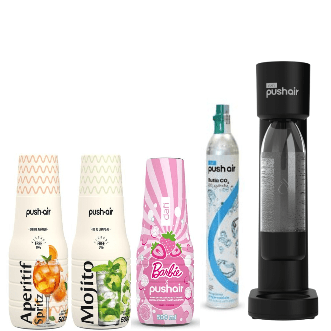 Saturateur d'Eau PUSHAIR Dafi Siphon Noir + Cartouche de CO₂ + Bouteille 0,7 L + APERITIF SPRITZ + MOJITO + BARBIE
