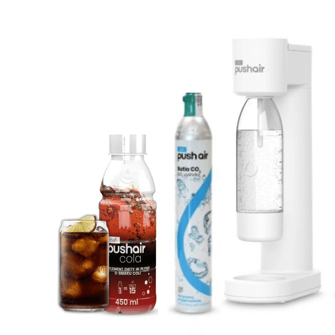 PUSHAIR Dafi Saturateur d'eau BLANC + Cartouche de CO2 + Bouteille 0,7 L + Sirop Cola 450 ml
