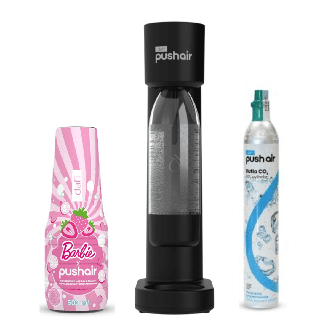 Saturateur d'eau Dafi PUSHAIR siphon noir + cartouche CO₂ + bouteille 0,7 l + sirop pour eau PUSHAIR BARBIE 500 ml