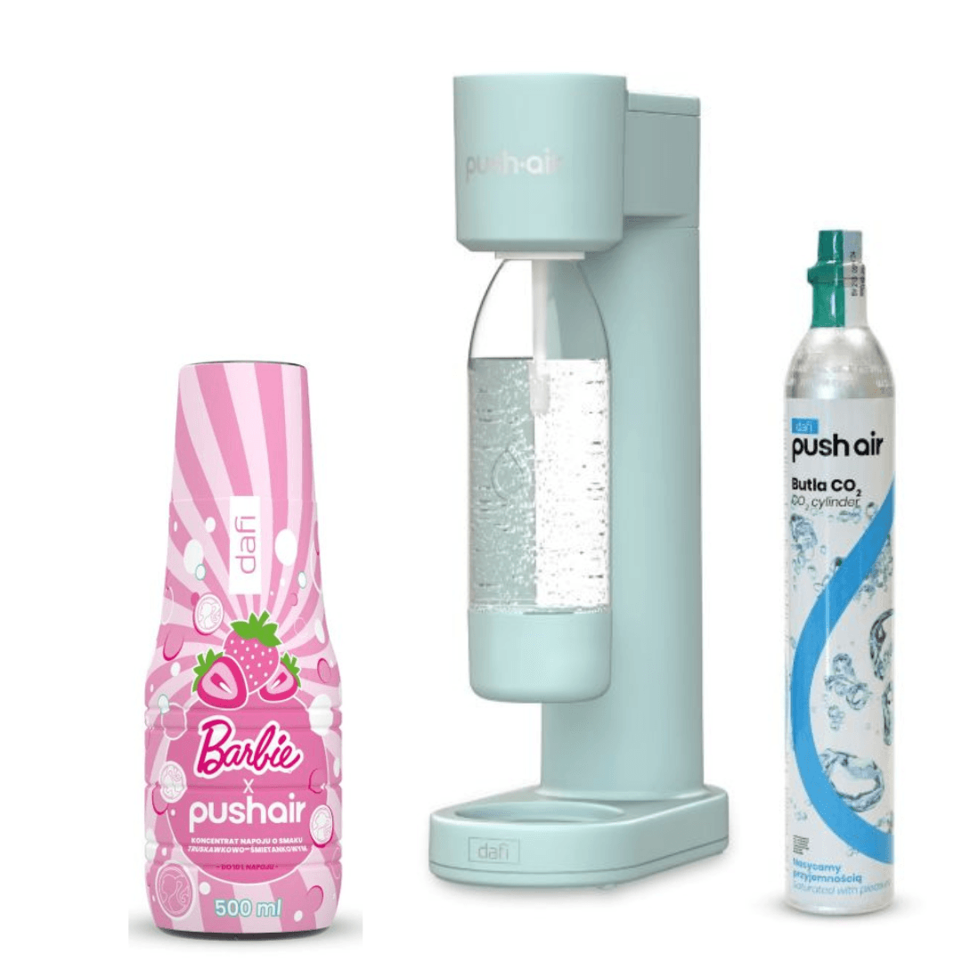 Saturateur d'eau PUSHAIR Dafi Menthe + Cartouche de CO₂ + Bouteille 0,7 L + Sirop d'eau PUSHAIR BARBIE 500 ml