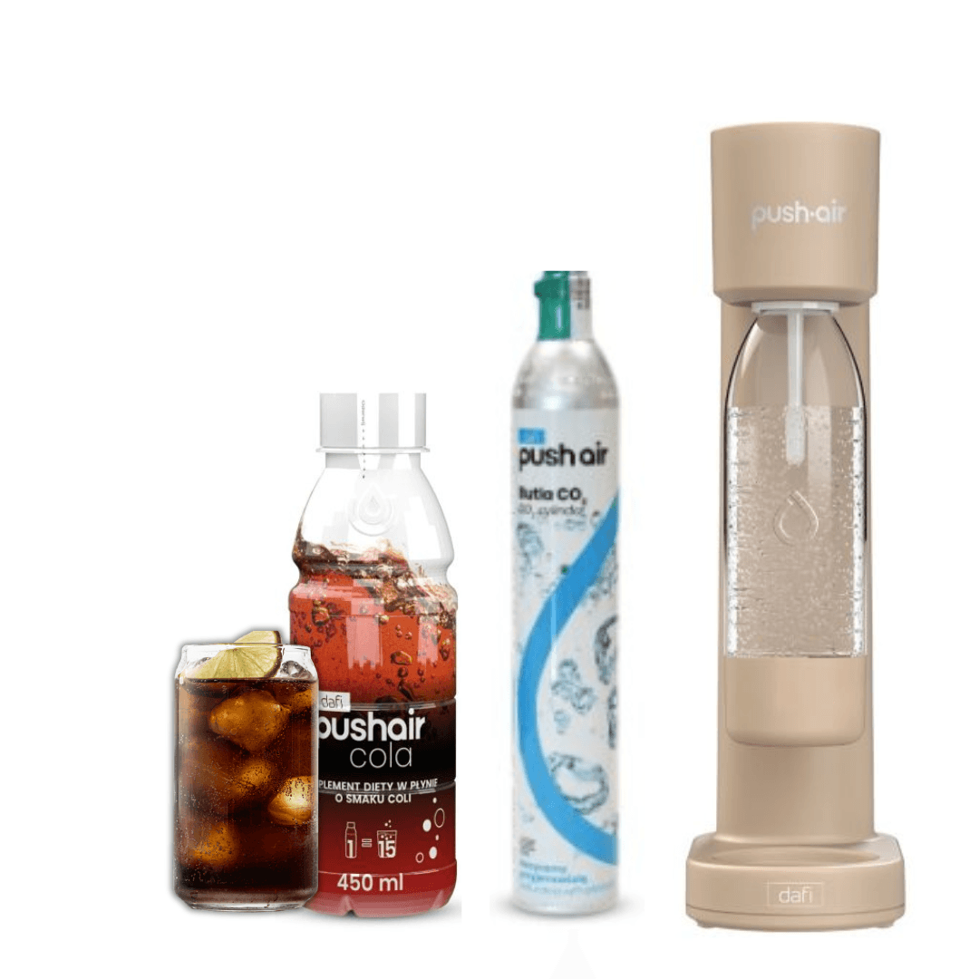 PUSHAIR Dafi Saturateur d'eau CAPPUCCINO + Cartouche de CO2 + Bouteille 0,7 L + Sirop Cola 450 ml