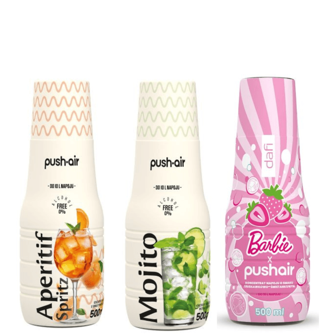 Saturateur d'eau PUSHAIR Dafi acier + cartouche CO₂ + bouteille 0,7 l + sirop PUSHAIR BARBIE 500 ml