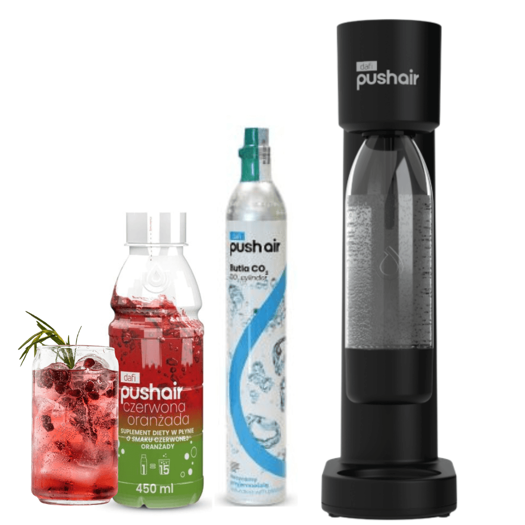 PUSHAIR Dafi saturateur d'eau noir + cartouche de CO₂ + bouteille de 0,7 l + sirop d'orangeade rouge 450 ml