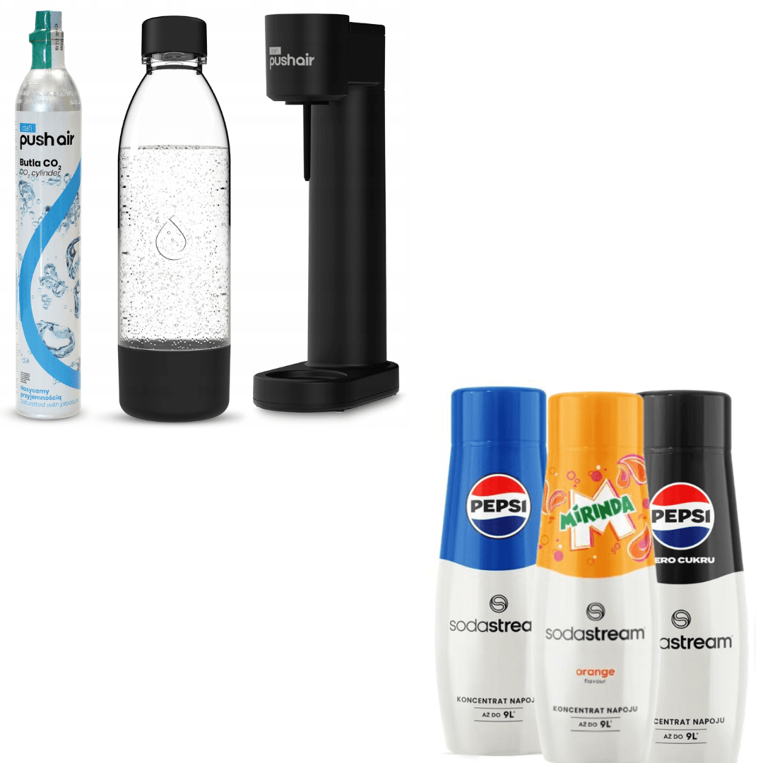 3 x sirops + saturateur d'eau Dafi PUSHAIR noir avec siphon + cartouche de CO₂ + bouteille de 0,7 L