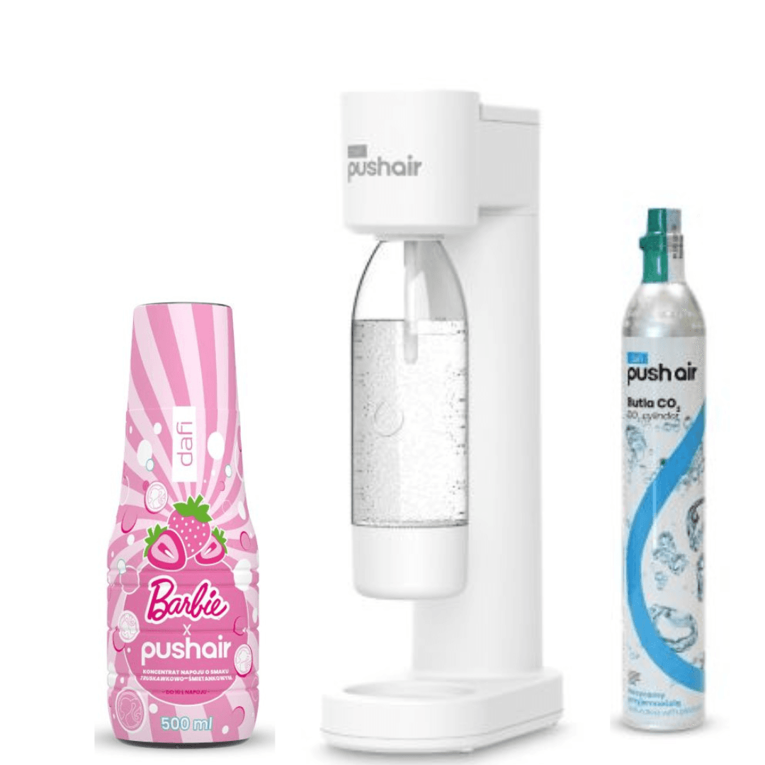 Saturateur d'eau Dafi PUSHAIR siphon blanc + cartouche CO + bouteille 0,7 + sirop d'eau PUSHAIR BARBIE 500 ml