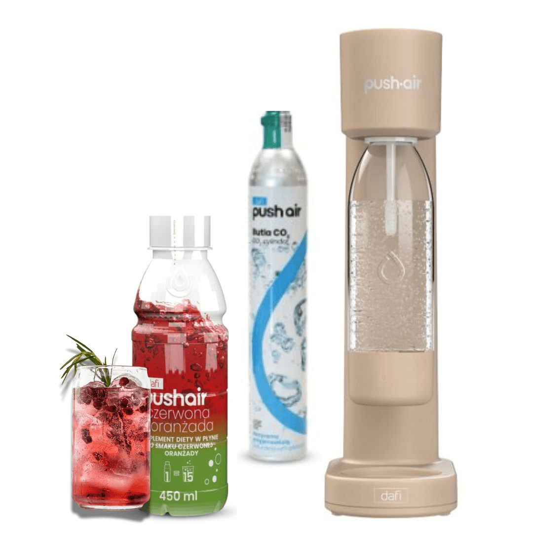 PUSHAIR Dafi saturateur d'eau couleur cappuccino + cartouche de CO₂ + bouteille de 0,7 l + sirop d'orangeade rouge 450 ml