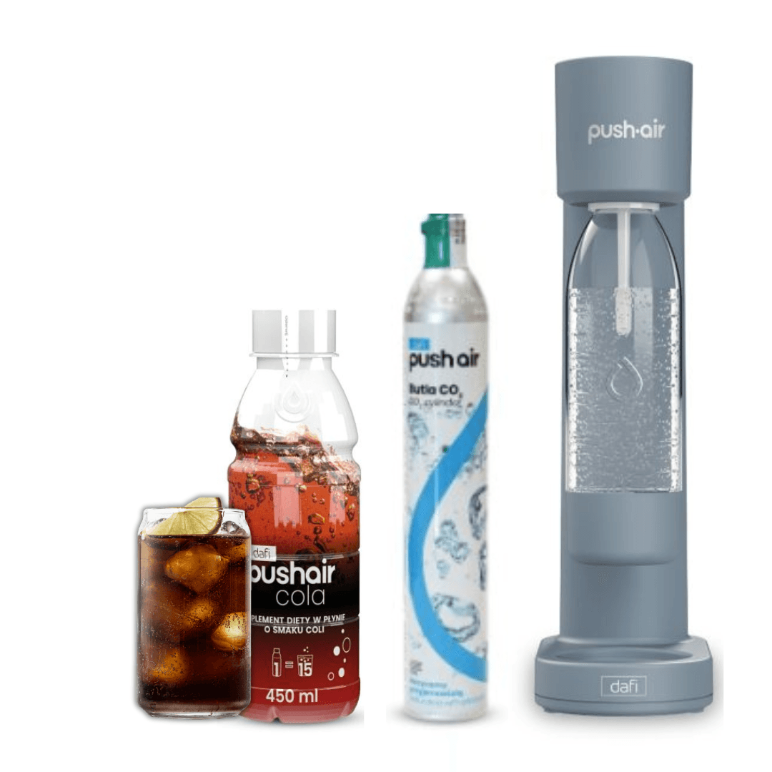 PUSHAIR Dafi Saturateur d'eau ACIER + Cartouche de CO2 + Bouteille 0,7 L + Sirop Cola 450 ml