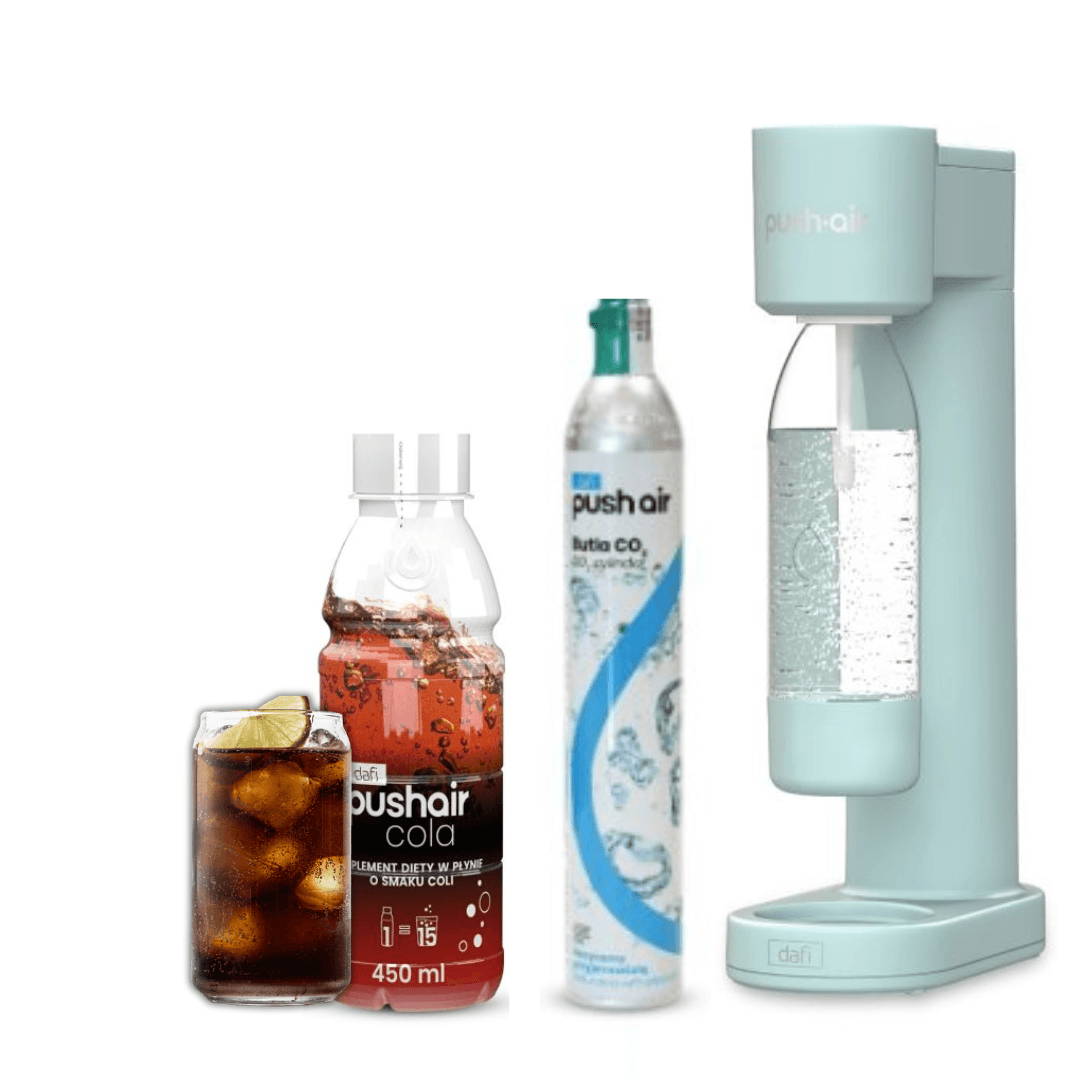 PUSHAIR Dafi Saturateur d'eau MENTHE + Cartouche de CO2 + Bouteille 0.7 L + Sirop Cola 450 ml