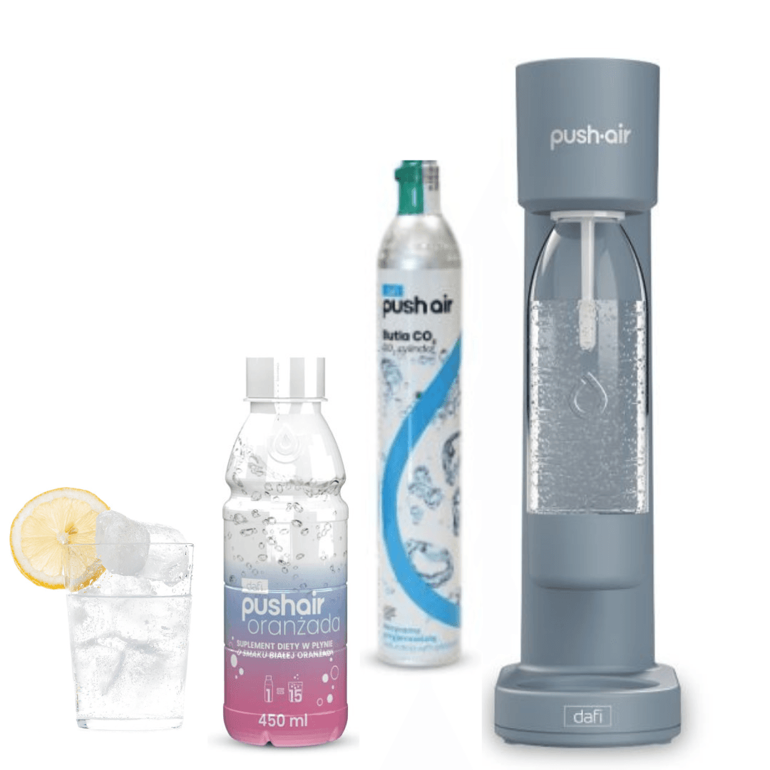 PUSHAIR Dafi saturateur d'eau acier + cartouche de CO + bouteille 0,7 l + sirop d'orange blanche 450 ml