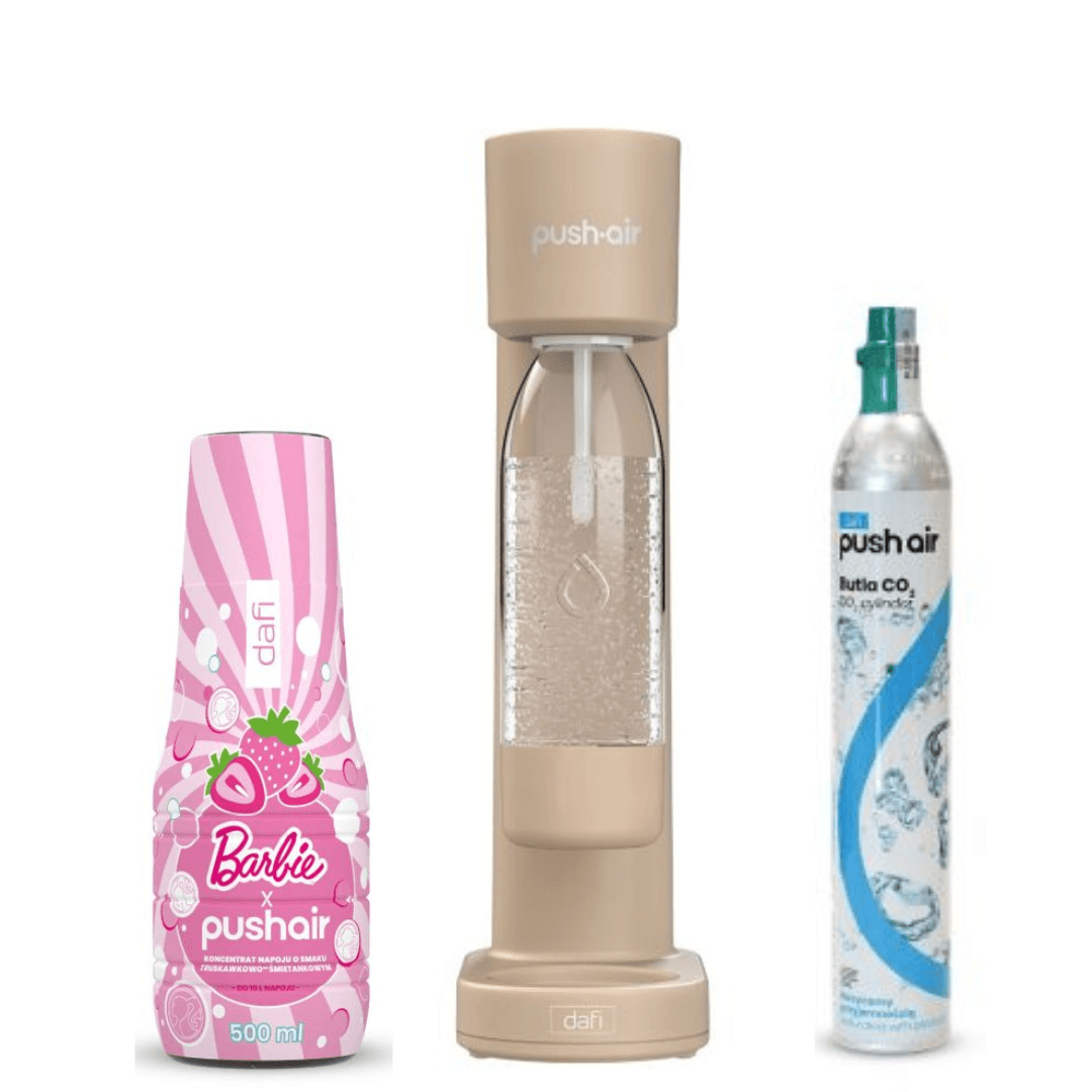 Dafi PUSHAIR Saturateur d'eau Cappuccino Siphon + Cartouche CO₂ + Bouteille 0,7 L + Sirop d'eau PUSHAIR BARBIE 500 ml