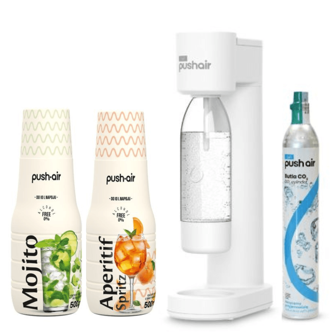 Saturateur d’eau PUSHAIR Dafi Blanc + Cartouche CO₂ + Bouteille 0,7 l + 2 Sirops