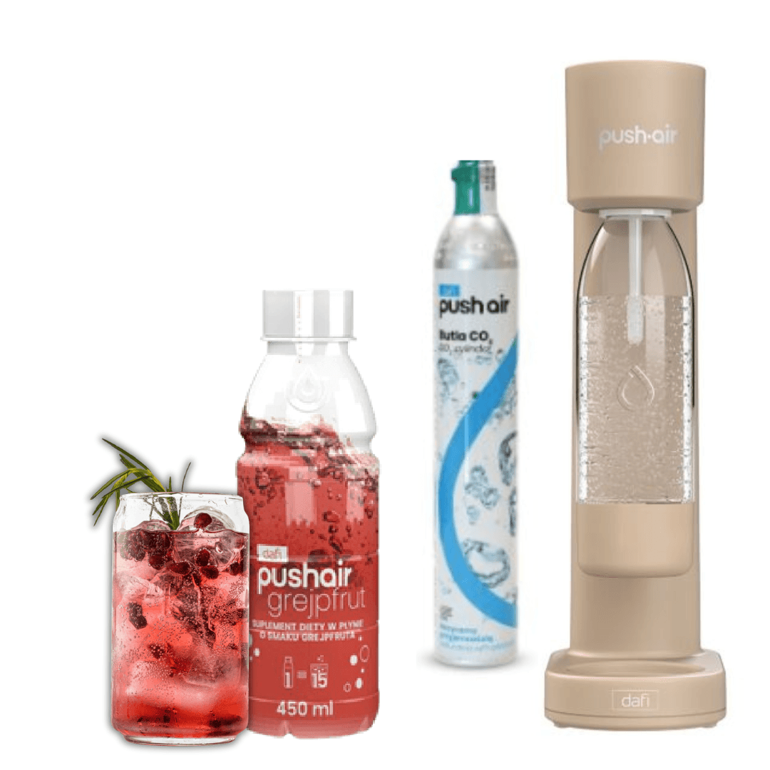 PUSHAIR Dafi saturateur d'eau CAPPUCCINO + cartouche CO₂ + bouteille 0,7 L + sirop pamplemousse 450 ml