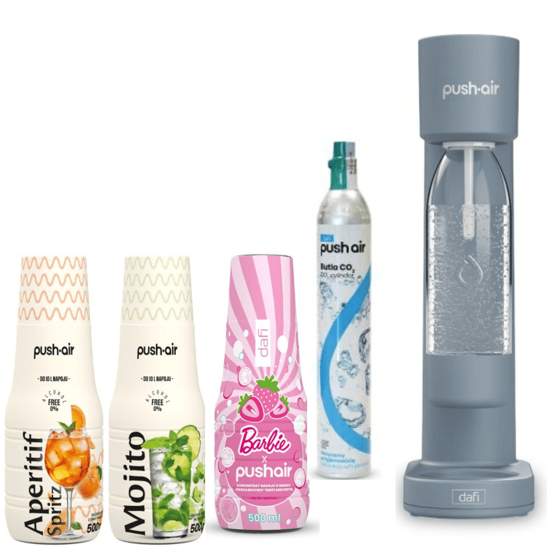PUSHAIR Dafi Saturateur d'eau acier + Cartouche CO₂ + Bouteille 0,7 L + 3 sirops Dafi