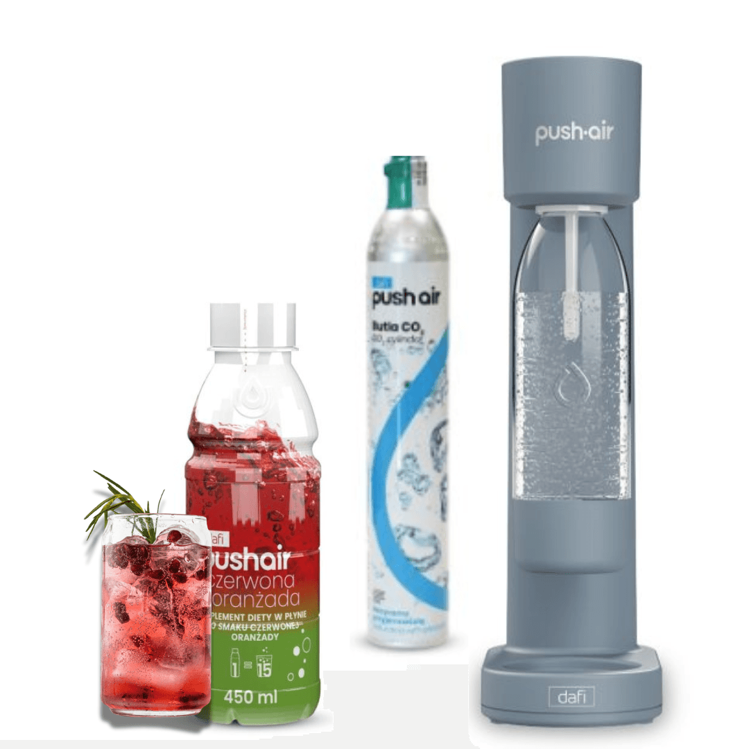 PUSHAIR Dafi saturateur d'eau acier + cartouche de CO₂ + bouteille 0,7 L + sirop d'orangeade rouge 450 ml